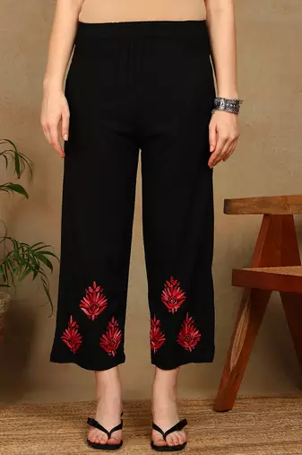 Women black & red floral embroidered chikankari a-line liva kurta & palazzo set