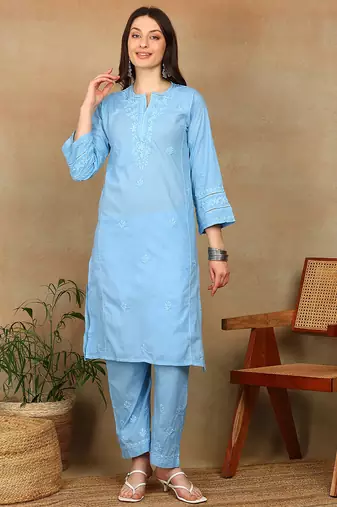 Women blue cotton floral chikankari embroidered straight kurta & palazzo set