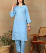 Women blue cotton floral chikankari embroidered straight kurta & palazzo set