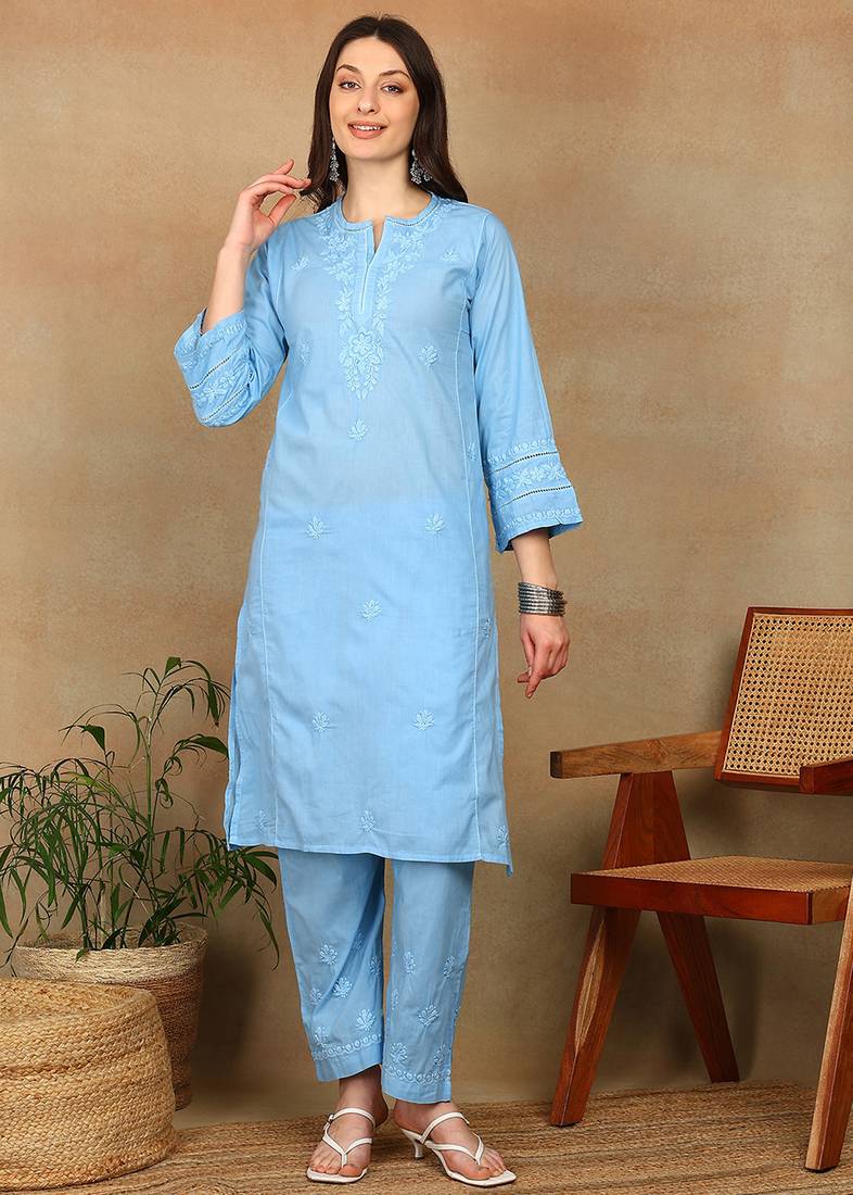Women blue cotton floral chikankari embroidered straight kurta & palazzo set