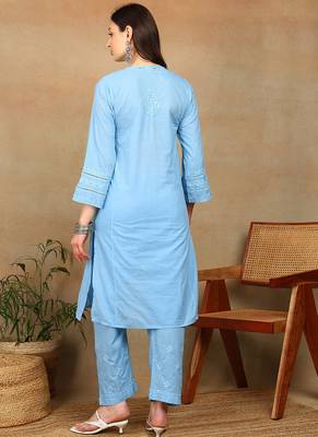 Women blue cotton floral chikankari embroidered straight kurta & palazzo set 2