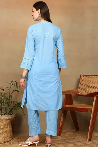 Women blue cotton floral chikankari embroidered straight kurta & palazzo set