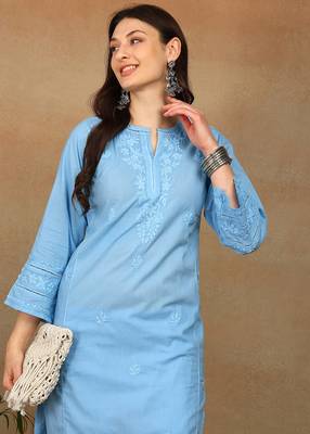Women blue cotton floral chikankari embroidered straight kurta & palazzo set 3