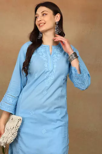 Women blue cotton floral chikankari embroidered straight kurta & palazzo set