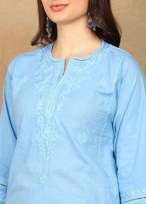 Women blue cotton floral chikankari embroidered straight kurta & palazzo set 4