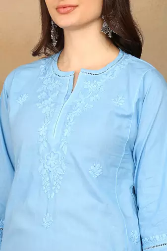 Women blue cotton floral chikankari embroidered straight kurta & palazzo set