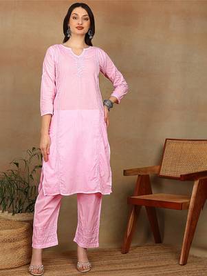 Women pink cotton floral chikankari embroidered straight kurta & palazzo set 1