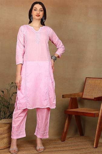 Women pink cotton floral chikankari embroidered straight kurta & palazzo set