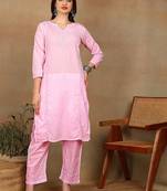 Women pink cotton floral chikankari embroidered straight kurta & palazzo set