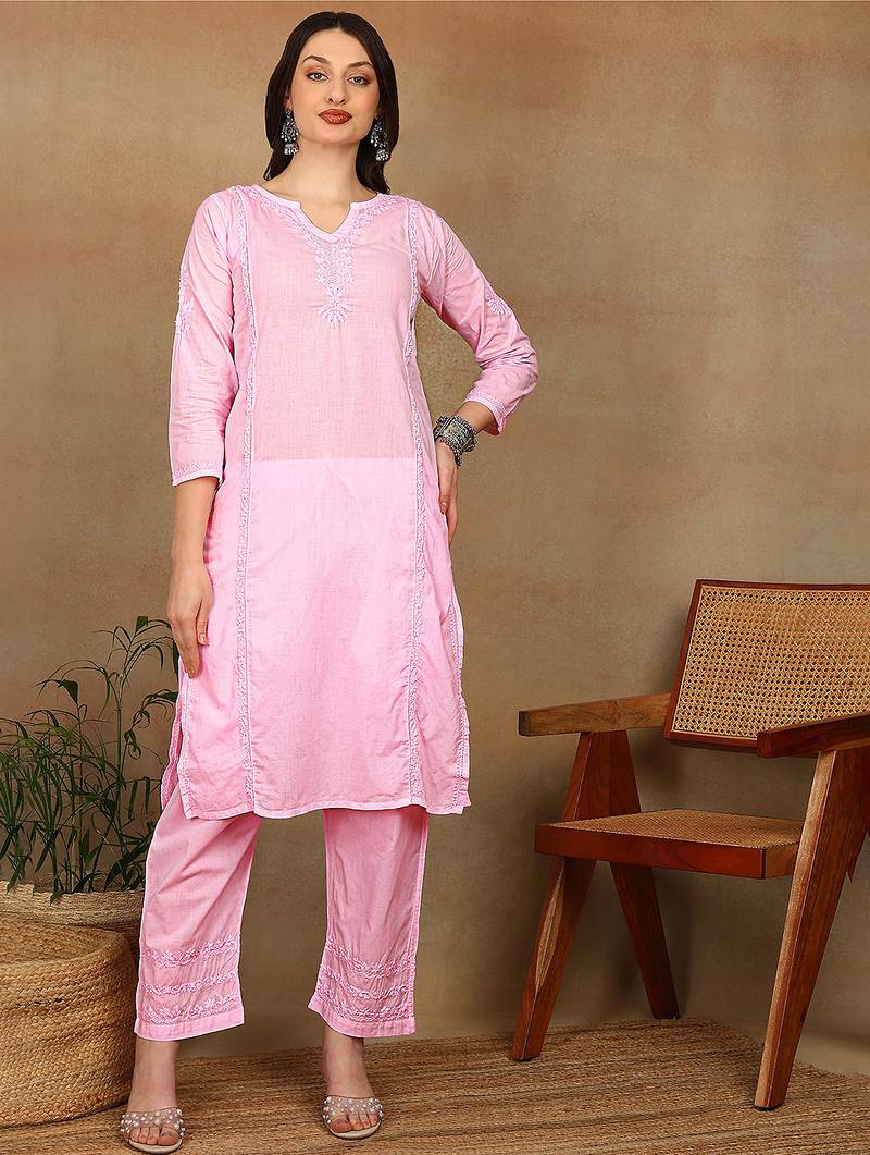 Women pink cotton floral chikankari embroidered straight kurta & palazzo set