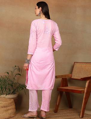 Women pink cotton floral chikankari embroidered straight kurta & palazzo set 2
