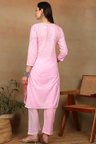 Women pink cotton floral chikankari embroidered straight kurta & palazzo set