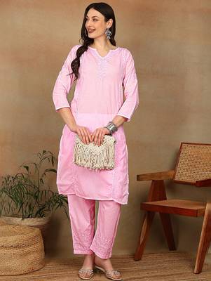 Women pink cotton floral chikankari embroidered straight kurta & palazzo set 3