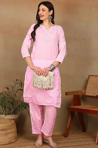 Women pink cotton floral chikankari embroidered straight kurta & palazzo set