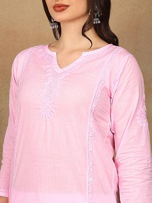 Women pink cotton floral chikankari embroidered straight kurta & palazzo set 4