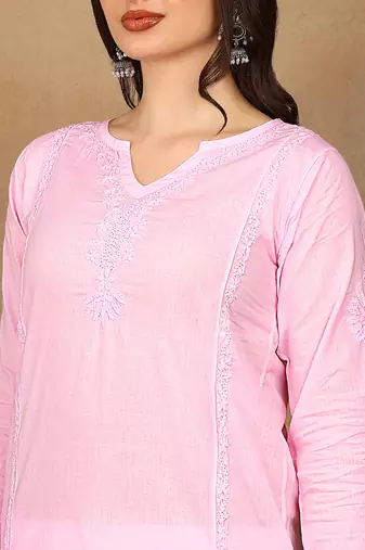Women pink cotton floral chikankari embroidered straight kurta & palazzo set