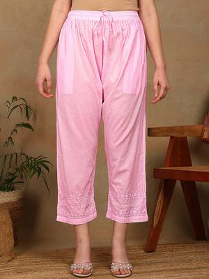 Women pink cotton floral chikankari embroidered straight kurta & palazzo set 5