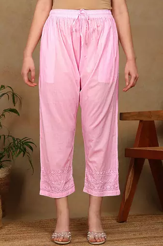 Women pink cotton floral chikankari embroidered straight kurta & palazzo set