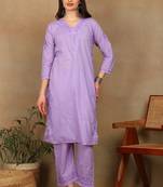 Women lavendar ethnic motifs embroidered cotton chikankari kurta set with palazzo