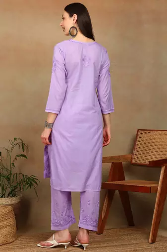 Women lavendar ethnic motifs embroidered cotton chikankari kurta set with palazzo