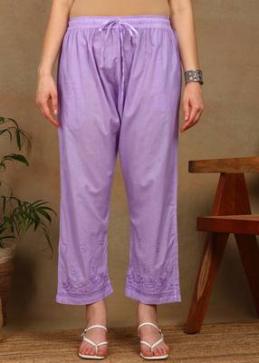Women lavendar ethnic motifs embroidered cotton chikankari kurta set with palazzo 5