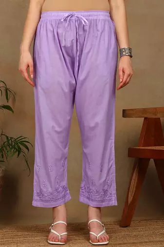 Women lavendar ethnic motifs embroidered cotton chikankari kurta set with palazzo