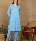 Women blue ethnic motifs embroidered cotton floral chikankari kurta set with palazzo