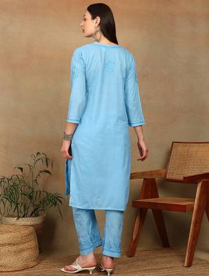 Women blue ethnic motifs embroidered cotton floral chikankari kurta set with palazzo 2