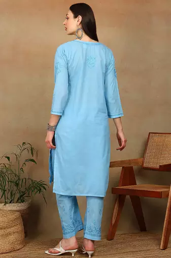 Women blue ethnic motifs embroidered cotton floral chikankari kurta set with palazzo