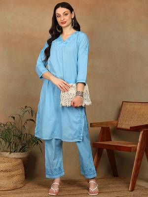 Women blue ethnic motifs embroidered cotton floral chikankari kurta set with palazzo 3