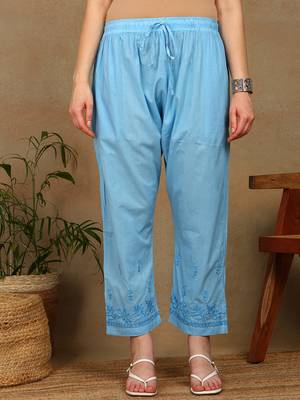 Women blue ethnic motifs embroidered cotton floral chikankari kurta set with palazzo 5