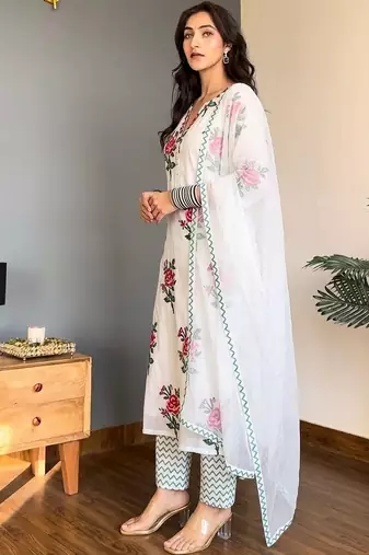 Women's Rayon Floral Printed White Ethnic Kurti Suit Set