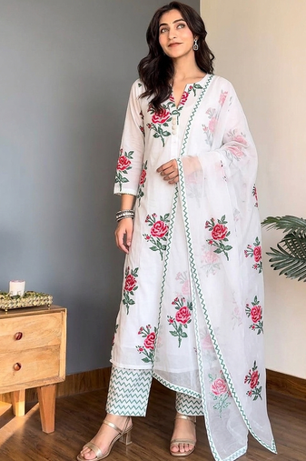 Women's Rayon Floral Printed White Ethnic Kurti Suit Set