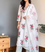 Women's Rayon Floral Printed White Ethnic Kurti Suit Set