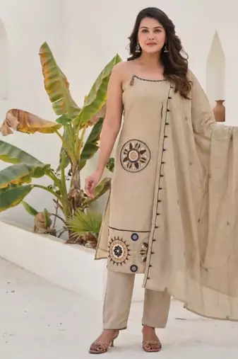Beige mirror work satin silk stitched straight kurta set with pant for women
