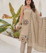 Beige mirror work satin silk stitched straight kurta set with pant for women