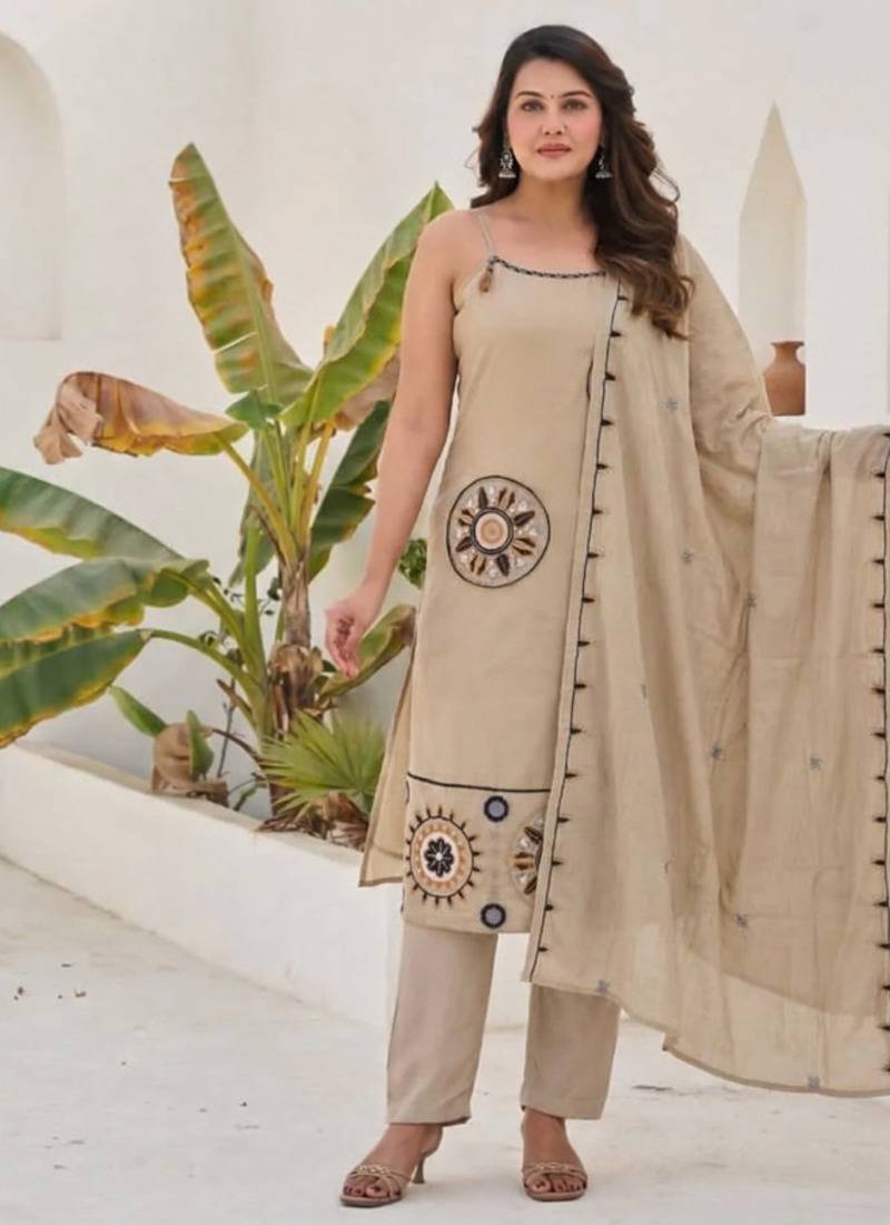 Beige mirror work satin silk stitched straight kurta set with pant for women
