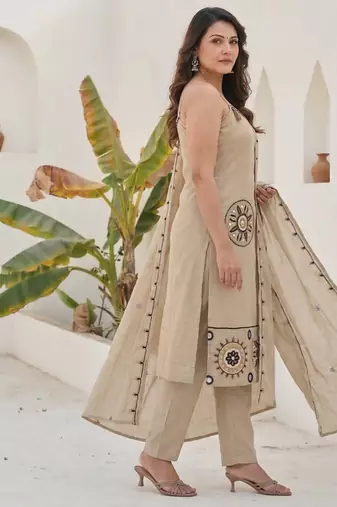 Beige mirror work satin silk stitched straight kurta set with pant for women