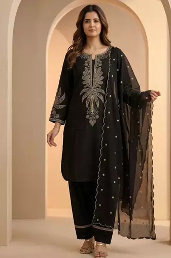 Black thread work cotton stitched straight kurta set with pant for women