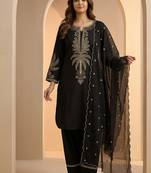 Black thread work cotton stitched straight kurta set with pant for women