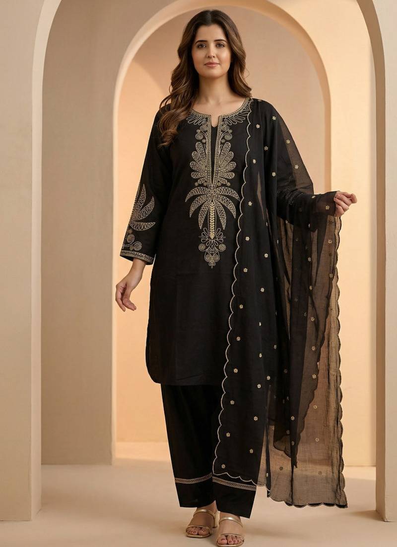 Black thread work cotton stitched straight kurta set with pant for women