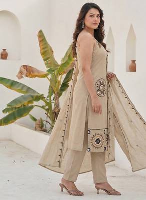 Beige mirror work satin silk stitched straight kurta set with pant for women 4