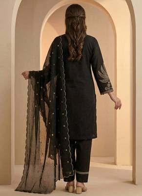 Black thread work cotton stitched straight kurta set with pant for women 2