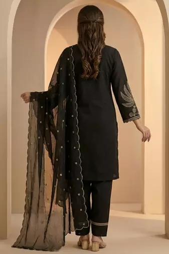 Black thread work cotton stitched straight kurta set with pant for women