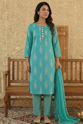 Sky blue paisley printed rayon stitched straight kurta set with pant for women
