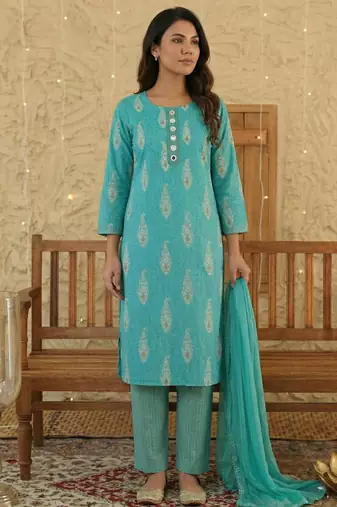 Sky blue paisley printed rayon stitched straight kurta set with pant for women