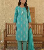 Sky blue paisley printed rayon stitched straight kurta set with pant for women