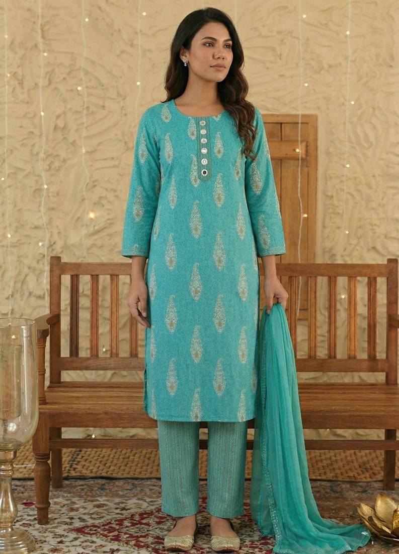 Sky blue paisley printed rayon stitched straight kurta set with pant for women