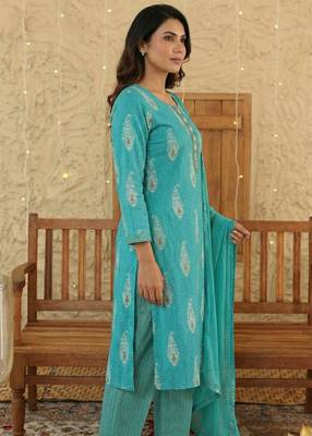 Sky blue paisley printed rayon stitched straight kurta set with pant for women 2