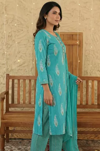 Sky blue paisley printed rayon stitched straight kurta set with pant for women